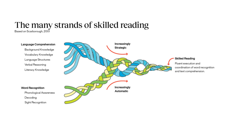 Well-known visual metaphor Scarborough’s Rope that shows the relationship of language comprehension and word recognition as it pertains to skilled reading.